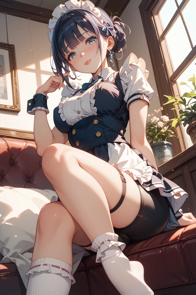 {{{masterpiece}}}, {{{best quality}}}, {{ultra-detailed}}, {illustration}, {{an extremely delicate and beautiful}}, Yozakura (senran kagura), One Girl, chest, Blue Hair, alone, short hair, underwear, flower, hair ornaments, blue eyes, heart-shaped eyes, huge breasts, muscular, maid, pantyhose, humid, steam, sweat , rest, Bedroom, sitting, foot up, perspired from below, showing her soles, showcasing the soles of her feet, soles in stockings, lower angle, extremely lower angle, focus on feet, focus on soles, Looking down at the viewer, Wicked Smile, blush, Mischievous face, Anatomically correct,