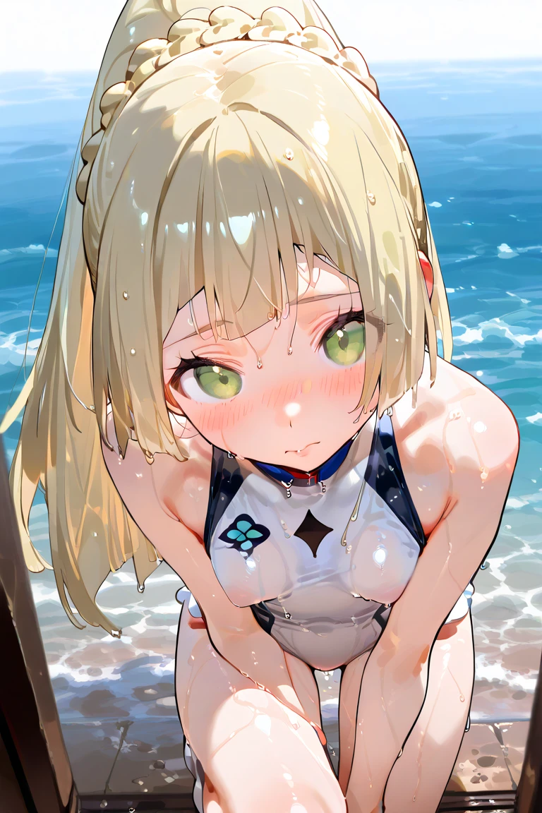 ((masterpiece,best quality)),high resolution,ultra detailed,8k,16k,detailed background, perfect lighting,detailed beautiful eyes,1girl,nsfw,upward glance,embarrassed,blush,look at viewer,(from front,from above:1.2),face focus,fisheye lens,steam,sweat,confused,(cum on armpits:1.1),(show off armpits,arms up,upper body:1.2),wavy mouth,open mouth,fair skin,small breast,(almond eyes,slender,short body,narrow sholders,short stature:1.3),seaside,lilie,long hair,gold hair,ponytail green eyes,blunt bangs,white onepiece