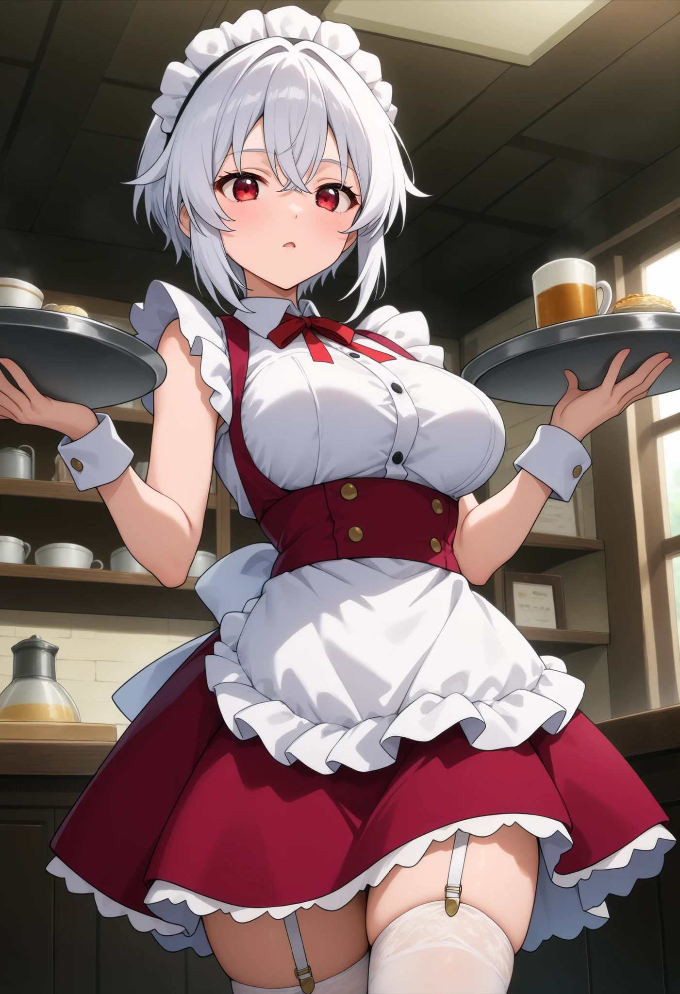 higurashikira, anime screencap, anime coloring, cowboy shot,
1girl, solo, tall female, toned female, white hair, very short hair, crossed bangs, short sidelocks, red eyes, large breasts,
maid uniform, maid headdress, sleeveless red dress, red neck ribbon, maid apron, white garter belt, white thighhighs stockings,
looking at viewer, expressionless, open mouth, holding tray, standing,
indoors, cafe, afternoon,
(masterpiece, best quality, absurdres, highres, newest, very awa, year 2024:1.2)