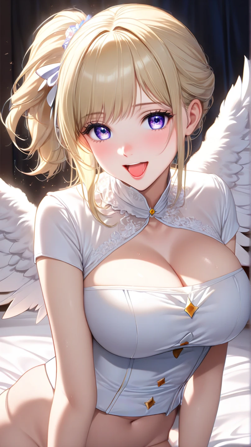 ((Masterpiece)),(Best Quality),(Highest resolution),(8K),(Clean lines),(Perfect Face,Perfect meat),(Official Art),(Magical girl),, 8-year-old, Cute white outfit, Short Hair, ribbon, huge breasts, Fat, Big angel wings, Night Sky, smile
