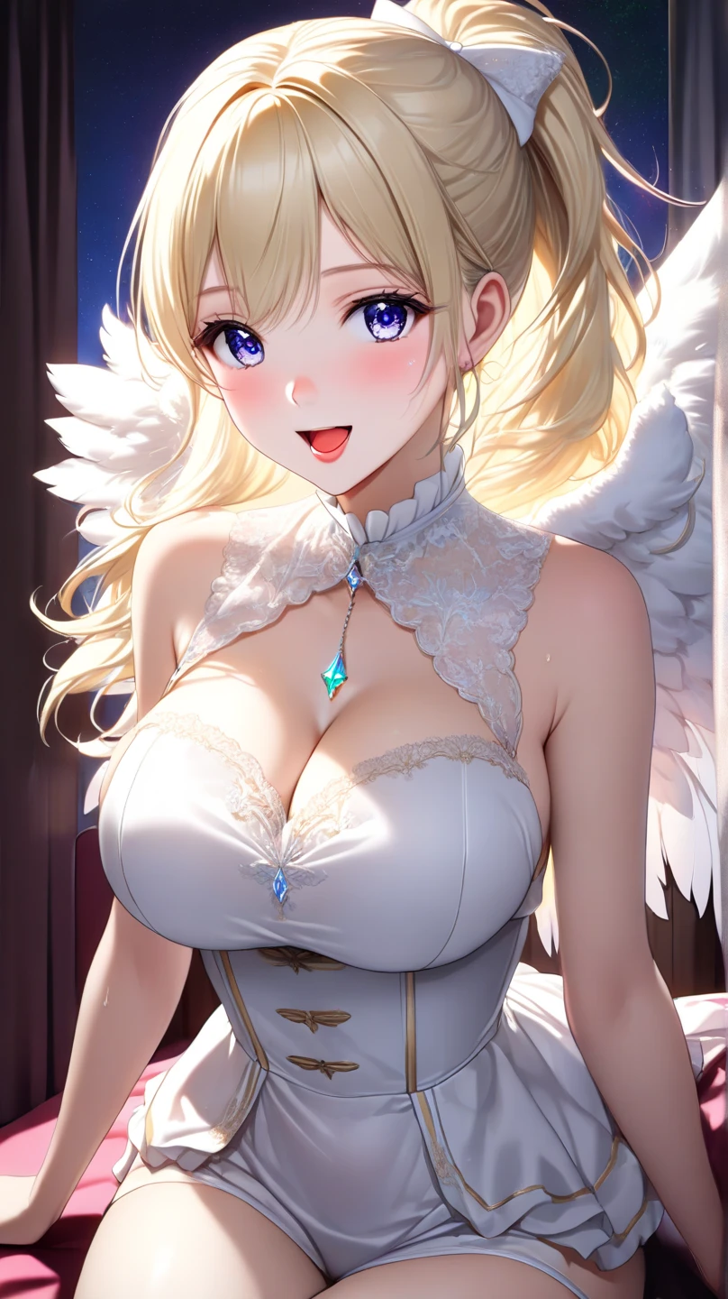 (Amazing masterpiece), (Maximize highest quality: 1.5), (Maximize most beautiful digital illustrations: 1.5), ((Most realistic: 1.5)), ((Smooth, soft, crisp and most realistic skin and hair textures)), Most beautiful detailed eyes:1.5, ((Maximum resolution)), ((UHD, 16K, 1080p)), ((10 million ppi, 300 million dpi images)), (Amazing dynamics:1.5), Beautiful backgrounds with depth of field, Most beautiful natural light, Rule of thirds, ((Maximize every effect and present it in the ultimate quality)), 1woman, sexy, 25years old, beautiful face sharp, elegant mature woman, Ultimate perfect body style, beautiful beautiful big breasts, Maximize upturned breasts, green eyes, shiny blonde hair, (eyes visible through hair:1.3), glossy very thick lips, pink lipstick, smile:1.5, elegant angel gliding in the sky, dynamic action, wearing heavenly attire, wings outstretched, one-shoulder dress, skirt, detailed with necklace, earrings, bracelet, halo, background of the open sky,