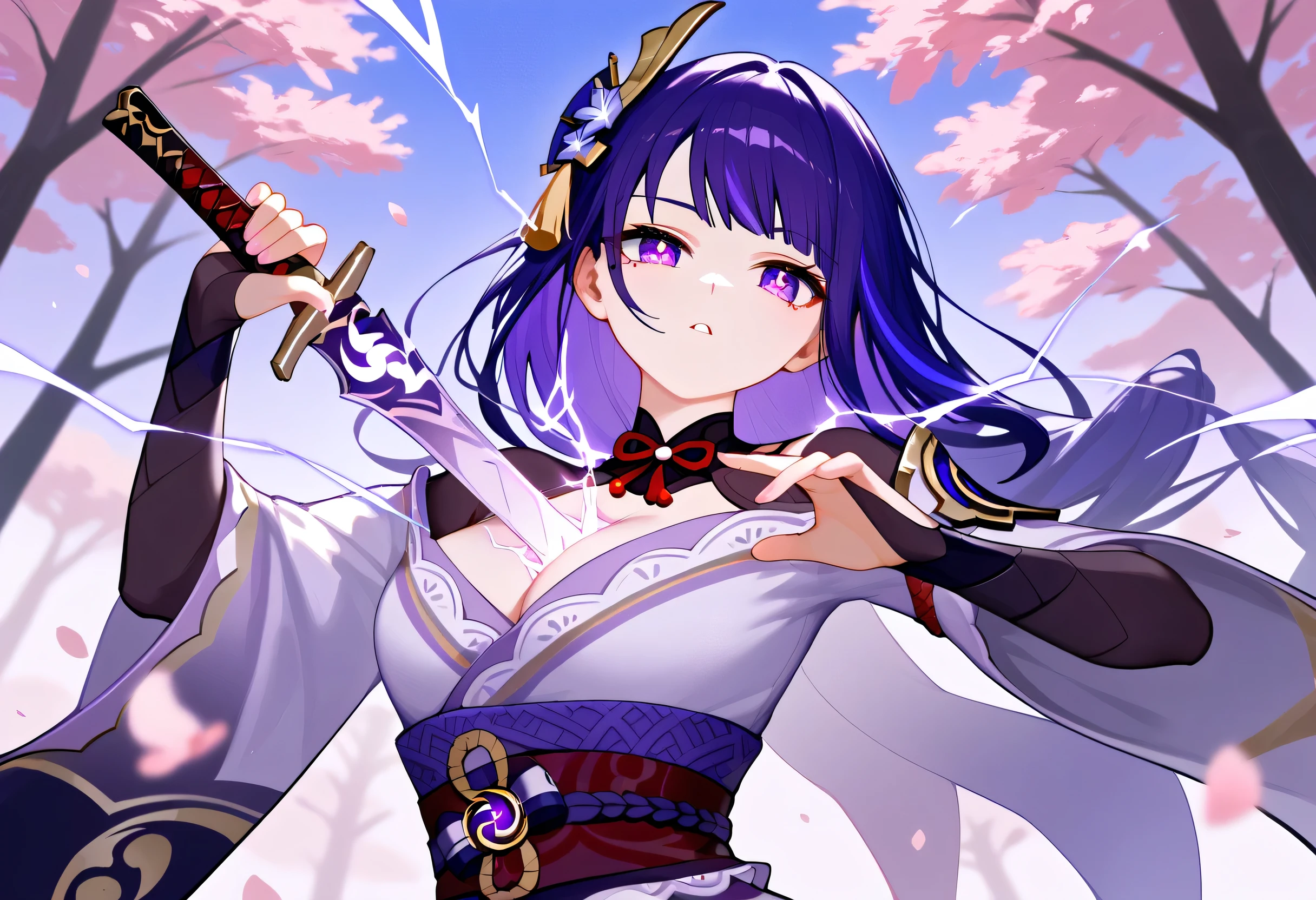 score_9, score_8_up, score_7_up, score_6_up, score_5_up, score_4_up, source_anime, (anime), (front view), solo focus, 1 girl, Raiden Shogun, [ The derogatory expression of |Ghostly] face, mole under the eye, holding, holding weapon, holding sword, ( The Sword Between My Chest ), (Human Pod:1.2), electricity, musou isshin \(Genshin Impact\), Cherry Blossom Forest, (Purple Sky:1.2), [[lightning]],  aesthetic pose , I can fight quickly between my breasts 