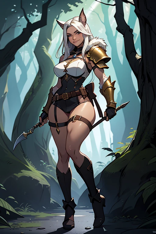 ((best quality)), ((masterpiece)), (detailed), perfect scared face a beautiful white-toned girl with black and silver hair wearing glasses and tight golden clothes, blue eyes, glossy skin. detailed skin, pink lips with a spear in hand a tiara on her head, full body walking in a dense jungle showing  her big  from the front angle leaning forward