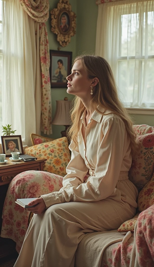 Beautiful platinum blonde woman, long shimmering hair, reading a book, classic vintage cafe, delicate face, deep blue eyes, soft pink lips, soft natural light, large window, highlighting pale smooth skin, soft light rays, elegant cream sweater, long skirt, classic armchair, crossed legs, hardcover book, cozy warm atmosphere, exposed brick walls, antique brass chandelier, aged wooden tables, large windows, soft shadows, natural light rays, golden warm lighting, vintage table lamps, light and dark contrast, photorealistic details, classic wooden bookshelves, old books, vintage art on walls, small potted plants, peaceful tranquil ambiance, soft jazz music, aroma of coffee, timeless nostalgic environment, soft background noise, subtle reflections, ambient occlusion, high contrast, depth of field, soft bokeh background, immersive photorealistic scene.