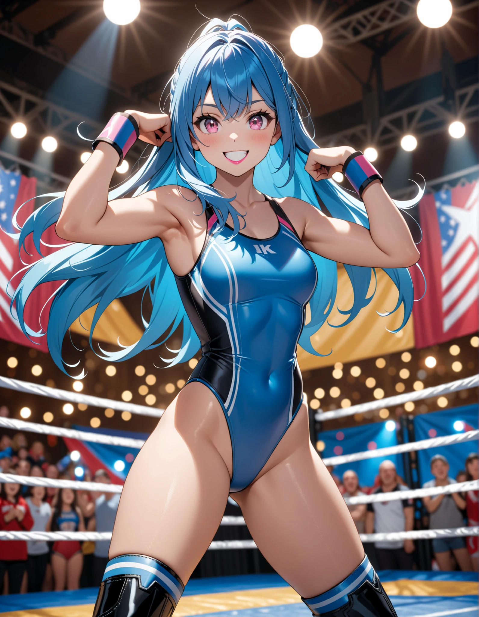 Light blue long hair、Beautiful girl with twin tails、smile、leotard、Playing trampoline、Trampoline competition venue、A packed audience、Jumping on a big trampoline