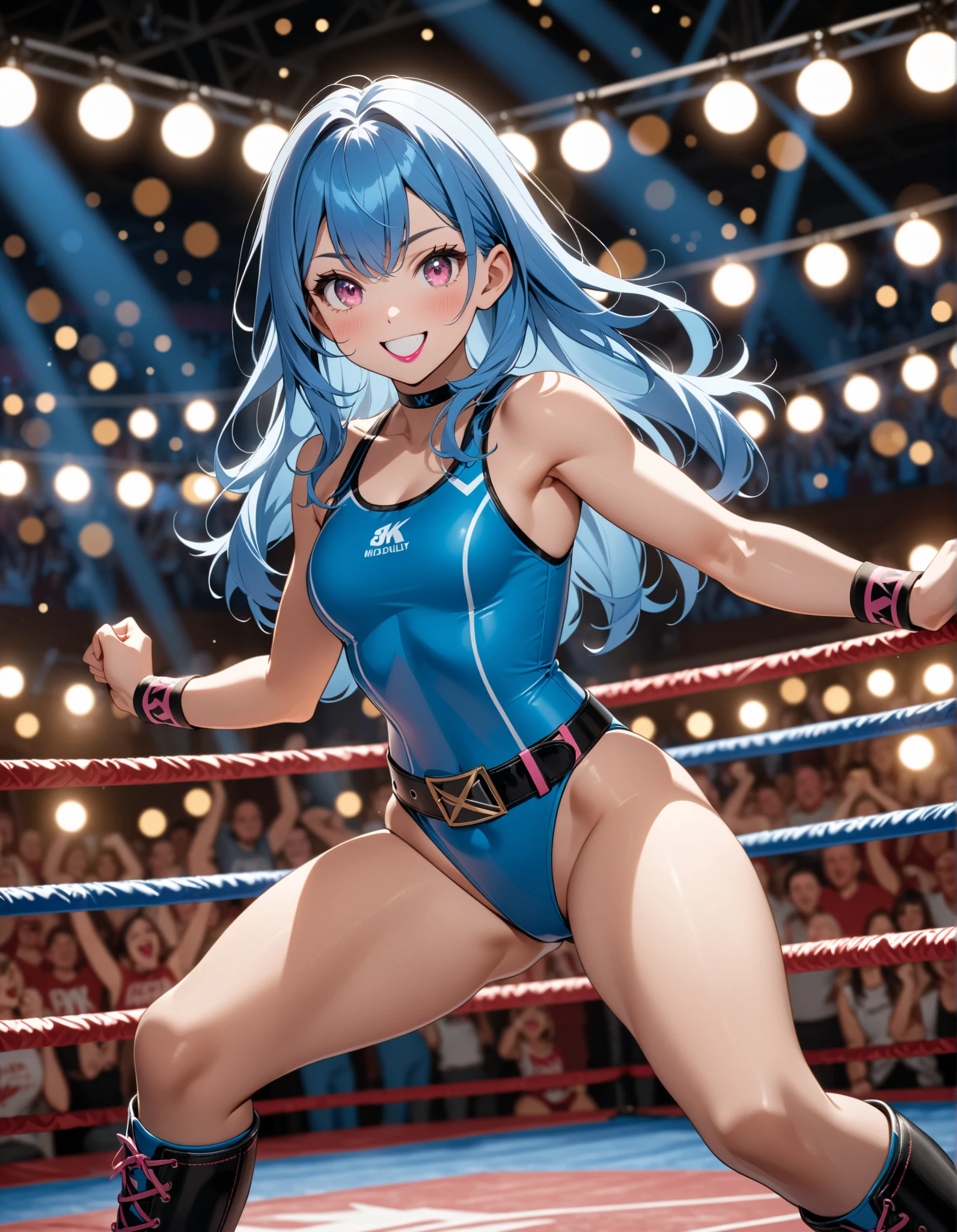 (absurdres, best high quality image, carefuly detailed features and textures, very detailed image, solo character alone, back view): {{(1character: 20 years old human mage girl), (beautiful features, fair skin, medium straight light-brown hair, green eyes, medium breasts, nice body), (light-blue two-piece-wrestling-outfit, light-blue wrestling bra, light-blue wrestling thong, light blue wrestling boots, light-blue wrestling gloves), (calm happy smile, relaxed expression, ready to wrestle), (wrestling gym)}}
