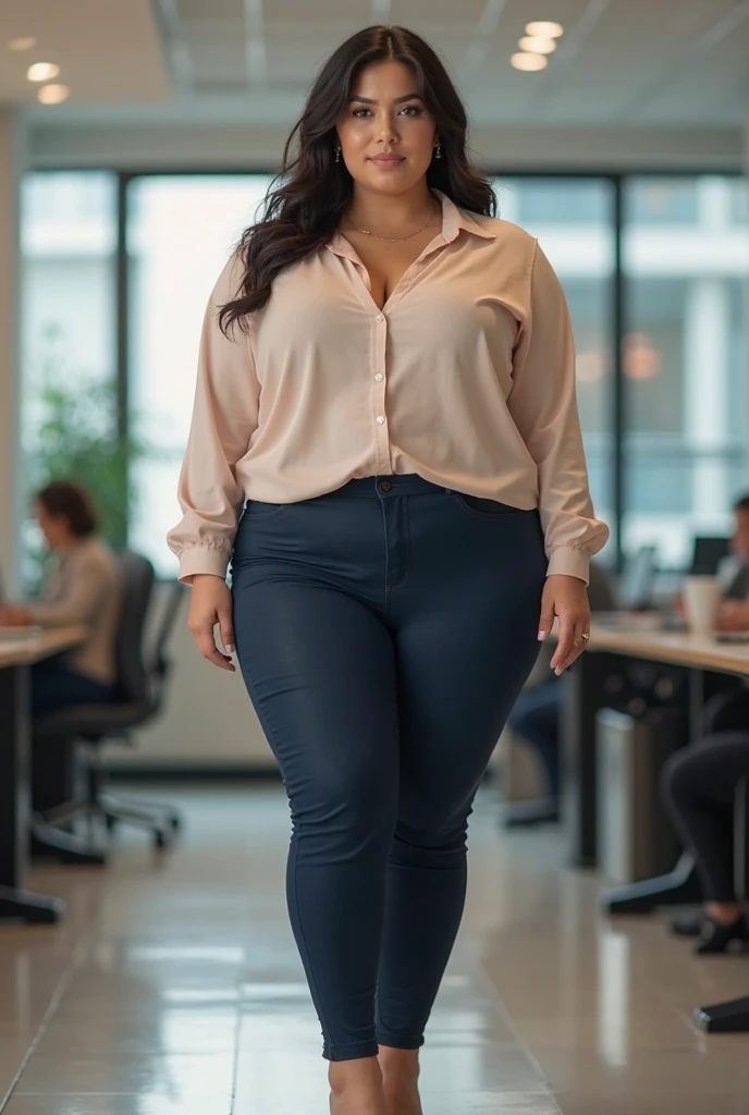 A heavily muscled iffb pro female bodybuilder, Masterpiece, Best Quality, candid photo, (casually beautiful Queen latifah, working in technical support;), (Dressed in a white button-down shirt, tight blue jeans), (name tag), ((a perfect face)), Big perfect eyes, hair-style, annoyed look, big breasts, RTX, Fluorescent lighting, casual, Подробная предыстория Tech Store, photographed on a Canon EOS R5, 85 mm lens, f1.4 aperture, (hyper-detailing, intricate detials), lifelike texture, Photorealistic, HDR, 8K, absurdress, Cinestill 800, sharp-focus