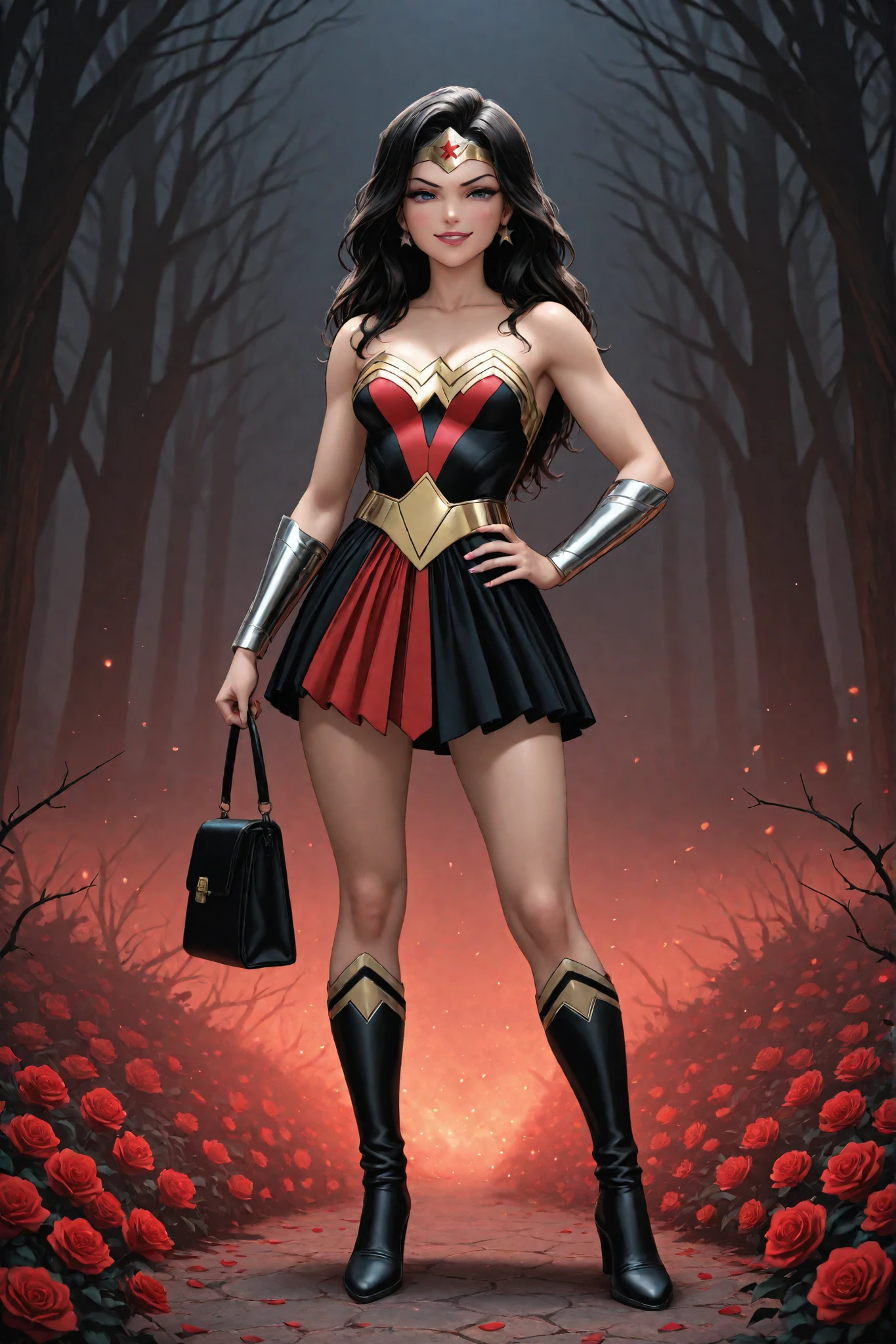A full body image of a beautiful wonder woman very sexy with long brown messy hair wearing a pink and black lace buffy gown inspired by Monet, she is holding a small patent black handbag in her hand, sassy,smiling, pink lipstick, rosy cheeks,detailed, matching kneehigh boots.Trompe-d'loeil, hard Chalk dusting, fantasy effects, bg dark forest, silhouette of hearts,red roses and thorns.