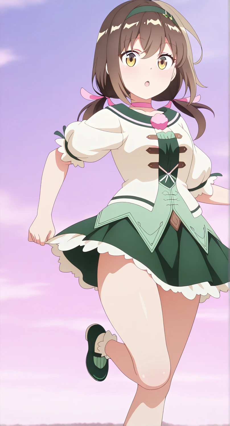 (masterpiece, best quality, very aesthetic, ultra detailed), intricate details, 4k, aajupiter, long hair, ponytail, hair bobbles, tiara, earrings, green eyes, green choker, green sailor collar, pink bowtie, white shirt, white leotard, elbow gloves, white gloves, green skirt, pink bow, smile, shushing, leaning forward,  outdoors, ((( 5 toes, black toe nails, Focus full body, tied ankles together,tied arms, with no shoes,)))