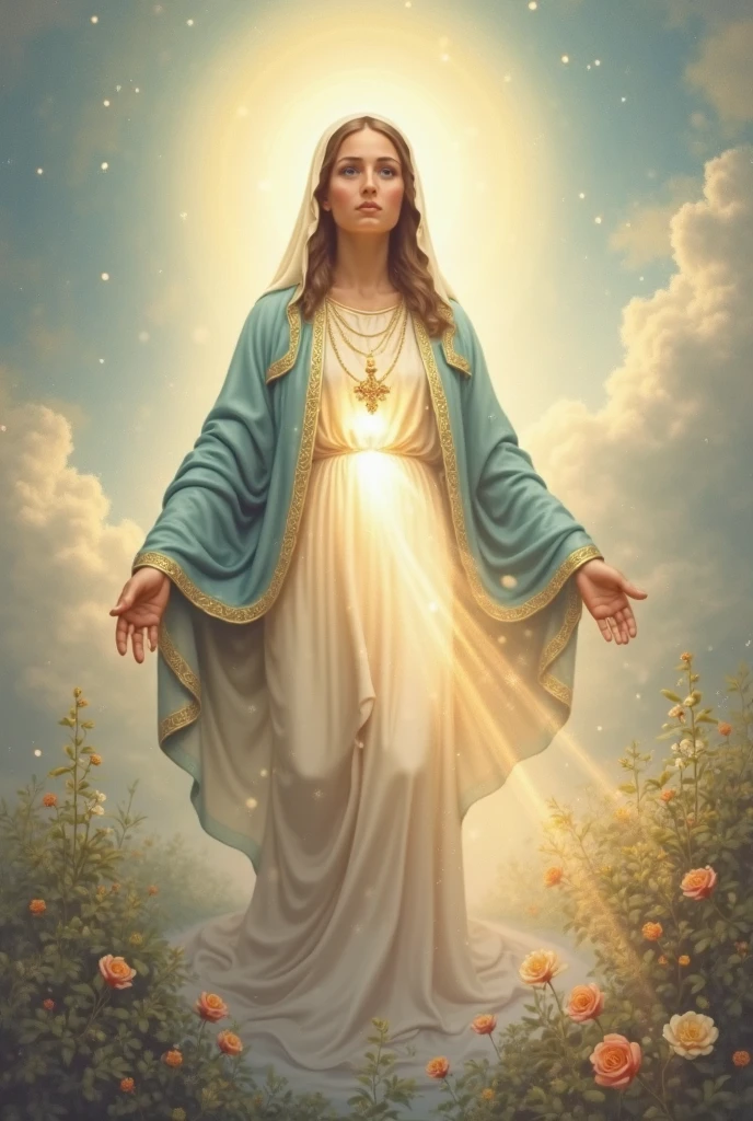 Write a poetic description of the Virgin Mary, focusing on its qualities as a symbol of love, Refuge, maternal guidance and care. Specifically, describe how she lovingly guides people along their path, gives hope through intercession and is a beacon of comfort and warmth, like a bright star in the night sky. Incorporate imagery and language that evoke a sense of devotion and reverence."
