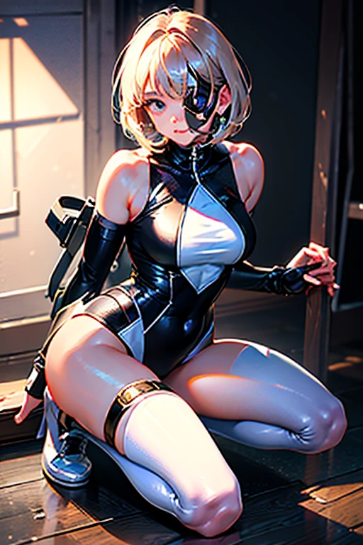 ((masterpiece, highest quality, High resolution)), she is about 20 years old、Anemone、goddess、height: 165cm、big breasts、Breast augmentation、Pink and blue soft short cut blonde hair,delicate face,Black latex zentai suit with open neckline,thigh-length long boots,cyber punk,She is slender and、has a beautiful appearance。She sits with her legs spread in an M shape,Pose from the front with legs apart。Her arms are tied behind her back。art的でHigh resolutionです、art