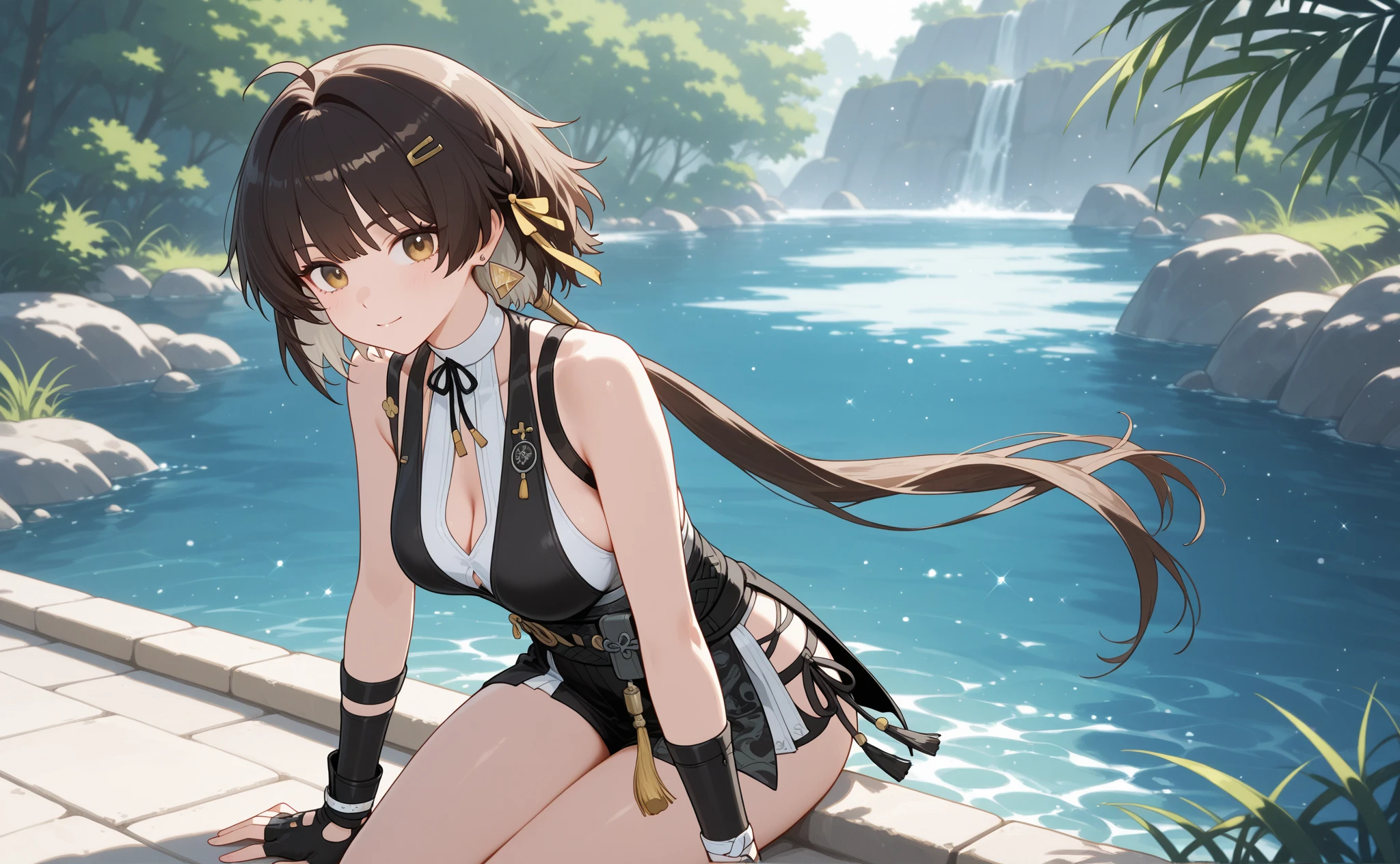 {{beautiful}}, amazing, (best quality:1.5), (masterpiece:1.5), extremely delicate and beautiful, intricate details, finely detailed, extremely detailed, beautifully detailed, ultra-detailed, (hyperdetailed:1.5), high resolution, (illustration), watercolor pencil, Clear line drawing, (ufotable style:1.1), (ufotable screen cap:1.1), anime coloring, anime screencap, (latest picture), backlighting, dynamic angle, glow, depth of field, {{body satisfaction}}, (body with a good balance of style:1.5), (slender figure:1.5), perfect body, perfect hands, perfect feet, (two arms:1.2), (two legs:1.2), (five fingers each:1.2), (perfect joint:1.2), perfect joint movement, beautiful detailed eyes, (detailed eyes:1.5), finely detailed eyes, perfect anatomy, full dissection, perfect composition, correct limbs, balance and coordination in all things, realistic:0.5, precise fingers and hands, (finely drawn hair:1.5), {{valkyrie}}, bangs, red eyes, medium breasts, small-sized buttocks, Two feathers on the head, {{Ortlinde}}, short hair, black hair, {{Thrud}}, long hair, blond hair, {{{White armor}}}, white pelvic curtains, gold waistcoats, Black boots, pelvic curtain, hood, thigh boots, white capelet, polearm, boots, {{lake}}, (water splashes:1.5), (forest:1.2), (night:1.2), (full moon:1.2), {{1girl}}, (solo:1.2), looking at the viewer, smile, {{standing}},