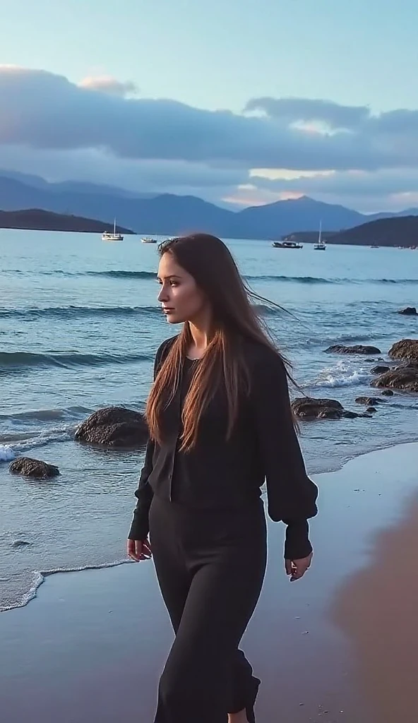 On a serene morning along the Bosphorus, our influencer captures the essence of Istanbul's winter. Dressed in a cozy turtleneck sweater and a stylish woolen hat, she stands by the water's edge. The historic architecture lining the shores provides a timeless backdrop as the city awakens to the peaceful beauty of winter.wear fishnet long socks