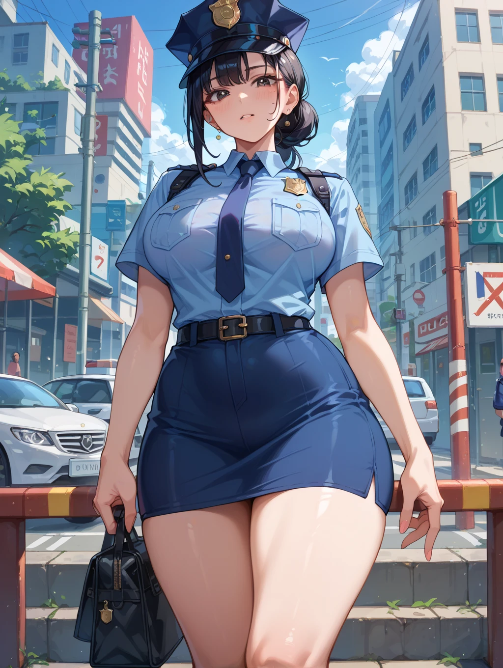 Anime illustration、highest quality、A policewoman cracks down on parking violations downtown、High alert、Perfect proportions、Extra large breasts、Fatty legs、Clear eyes、Sweaty、Cowboy Shot