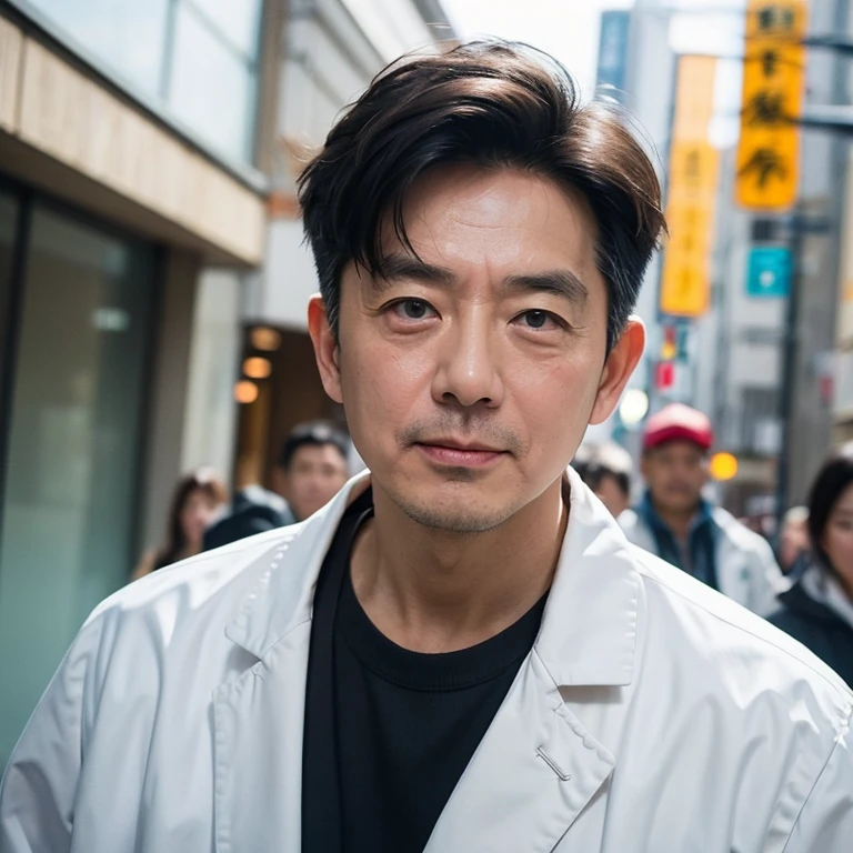 best quality, masterpiece, Asian men,mole, solo, lips, grey_background, mole_under_eye, realistic, upper_body, looking_at_viewer, black_hair, brown_eyes, sweater, forehead, nose, turtleneck, old man, 65 yeas old, <lora:wuma_20230623234854:1>