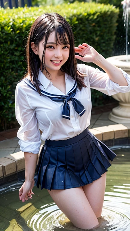 ((masterpiece, Highest quality)),Best aesthetics,One girl, Sitting with legs apart, Poolの中,Pool, Long Hair, Outdoor, Chair, View your viewers, Focus Only, Brown eyes, (high school girls are wearing uniforms:1.4), Black hair twin tails, bangs, Sit with your legs apart,smile,Black underwear,Wet Hair,(Big Breasts),(Random gravure poses:1.4),(独奏:1.4),(sit down spread legs:1.4)