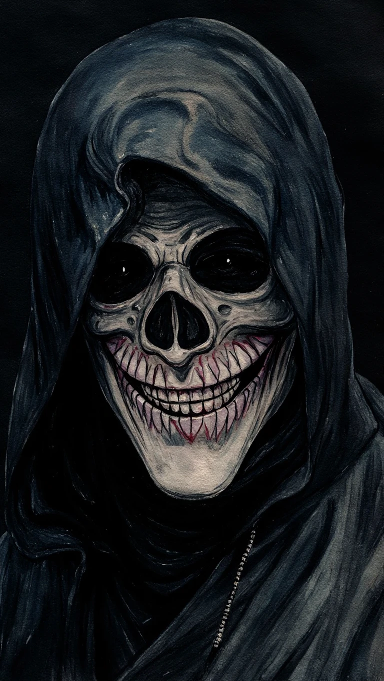 a male with a hooded sweatshirt on wearing a scary mask crying black tears, serial killer aesthetic