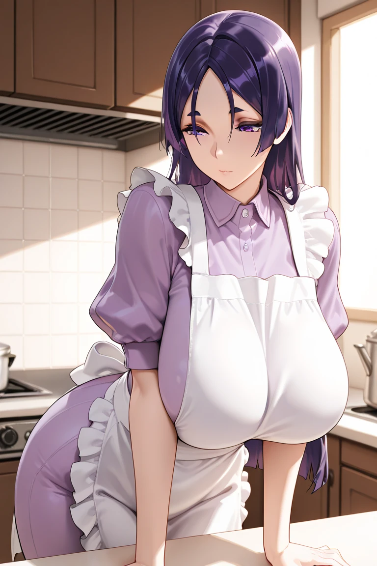 Very detailed CG Unity 8K wallpaper),(masterpiece), (Highest quality), (Very detailed), (Best illustrations),(Best Shadow), Dynamism,functional,sensuous,,Purple eyes and purple hair tied up,Large Breasts Ahegao with teary eyes Maid clothes waitress Naked beautiful woman holding a tray Lean forward and look up valley Amazingly swaying breasts Vibrant and dynamic Breast milk squirting Dynamic Angle Show the valley to the viewers