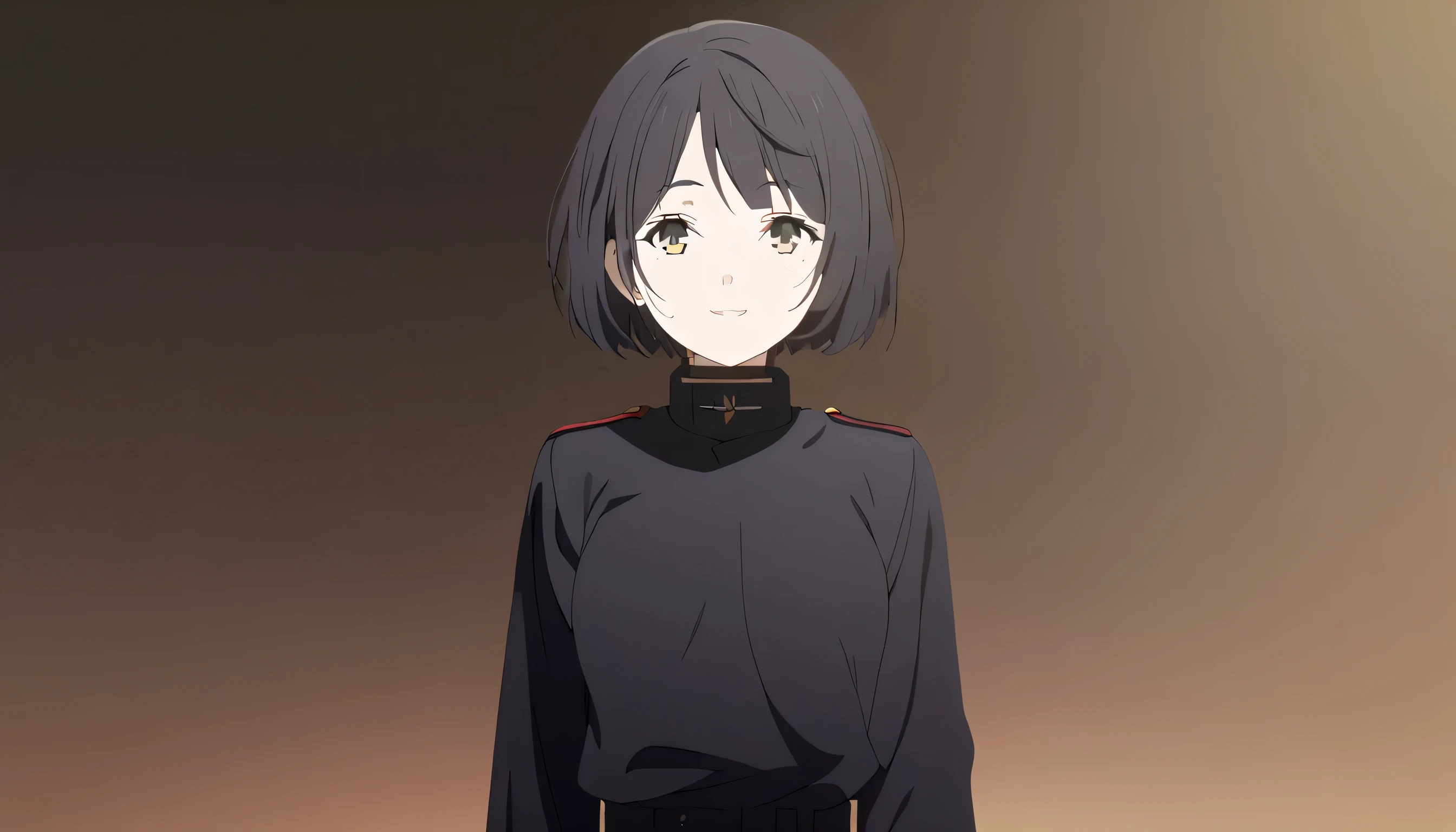 masterpiece, best quality, solo, 1girl, mature, black hair, short bob hair, marigold eye, small breast, dark green japan military uniform, standing, looking at viewer, confident, relaxed, calm, carefree, relaxed aura, warm smile, black background only