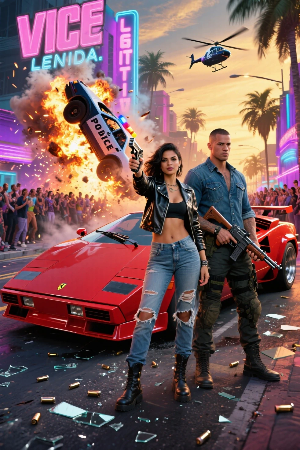 Create a hyper-realistic, cinematic movie poster set in the neon-soaked streets of Vice City, Leonida, inspired by Grand Theft Auto VI. The scene centers on Lucia Caminos, a fierce Latina woman with a confident smirk, wearing a sleek cropped leather jacket, ripped jeans, and boots, gripping a polished pistol. She stands shoulder-to-shoulder with Jason Duval, a rugged man with a buzzcut, in a fitted denim shirt and tactical pants, holding a shotgun with a determined glare. They pose confidently in front of a classic Cheetah sports car (inspired by a Ferrari Testarossa), painted in a glossy red with chrome accents, parked on a chaotic Vice City street. The background depicts a high-octane chase scene: a police car engulfed in flames is flipping through the air, sparks and smoke rising from a massive explosion, with neon signs (pink, blue, purple) illuminating palm trees and a crowd of onlookers in vibrant Vice City fashion. The lighting is dramatic, blending golden sunset hues with neon glows, creating a glamorous yet gritty atmosphere. Include subtle details like bullet casings on the ground, shattered glass, and a distant police helicopter. Ultra-detailed textures, realistic shadows, cinematic depth of field, 4K resolution, aspect ratio 2:3, designed as an epic movie poster.