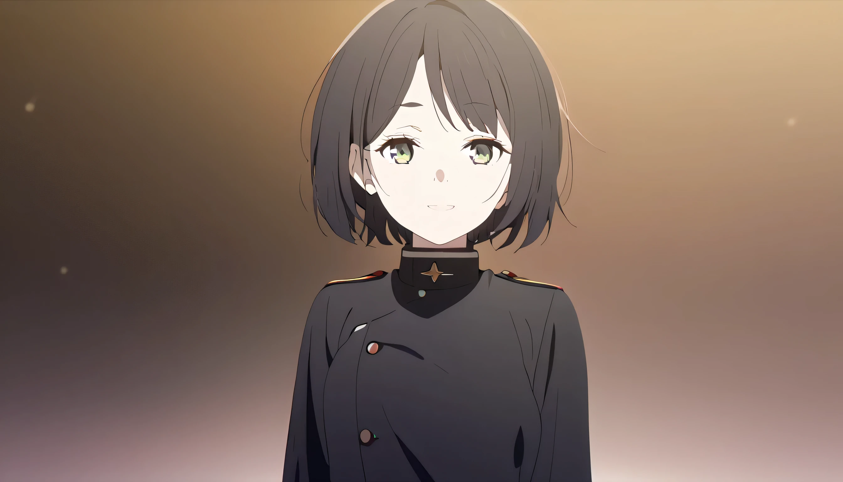 masterpiece, best quality, solo, 1girl, mature, black hair, short bob hair, marigold eye, small breast, dark green japan military uniform, standing, looking at viewer, confident, relaxed, calm, carefree, relaxed aura, warm smile, black background only