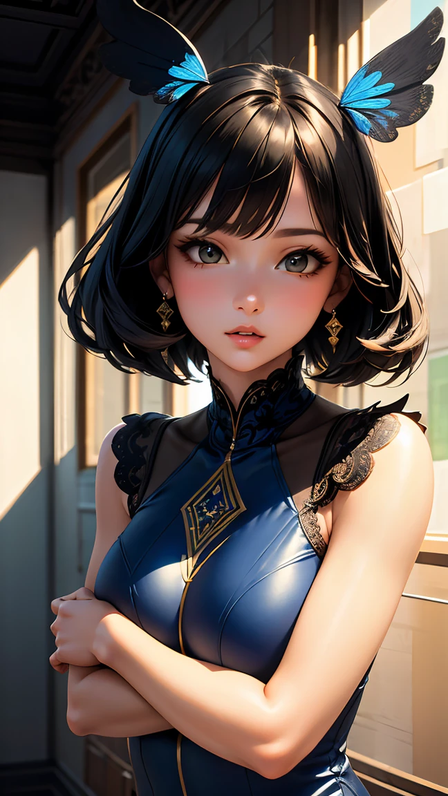(high resolution, upper body, soft skin:1.2),(best illustration,masterpiece:1.2),ultra-detailed,[(cat ears , black inside:1.2, black ponytail hair, gold cat eyes),vivid colors,sharp focus,studio lighting,bokeh, wearing a gold qupao, full body portrait sitting on the floor