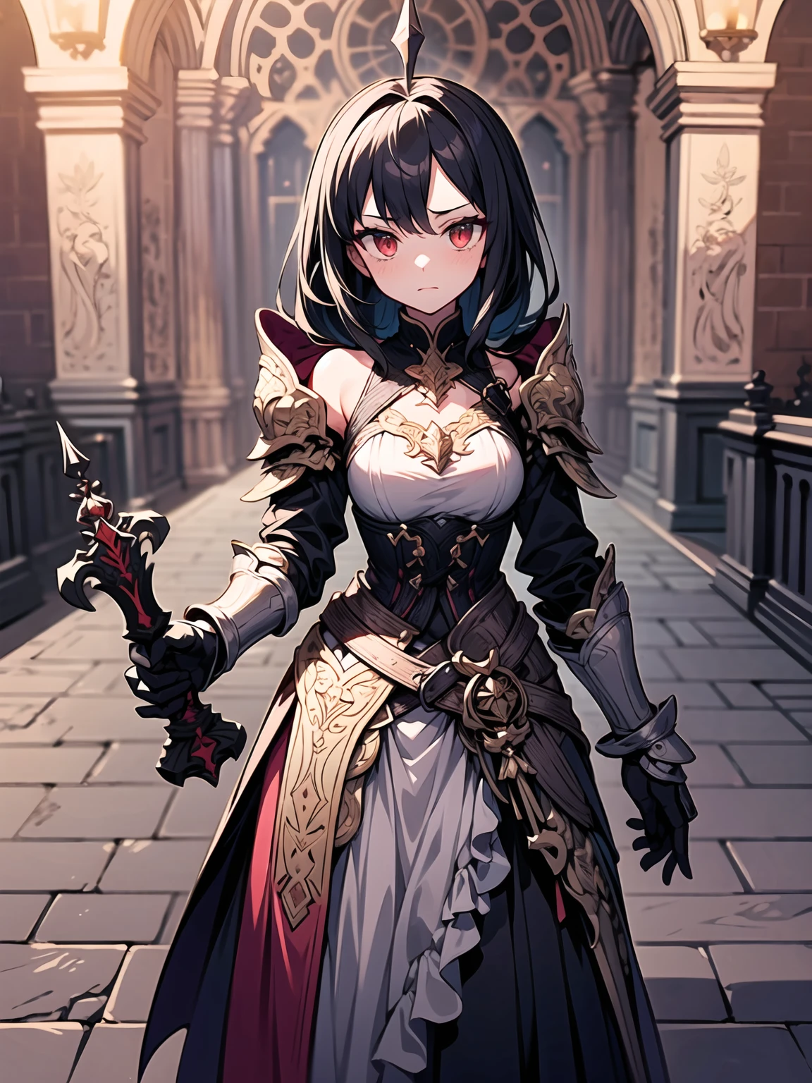 anime girl with horns and a black outfit holding a knife, armor girl, pale black armor, demon anime girl, detailed digital anime art, detailed anime character art, 2. 5 d cgi anime fantasy artwork, best anime 4k konachan wallpaper, anime in fantasy style, but the armor covers her face, black shiny armor, from arknights