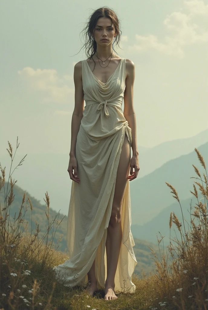 detailed, nsfw, natural skin sexy photo, Russian village, bare chest, inside the hut, natural skin, (shoulder strap:1.7), (wide braid:1.3), voluminous hair, wet skin, undone buttons on the chest, thin beautiful nude girl in a slavic nightdress with a very large neckline barely covers her ample bosom,, intricate details, (dust and fog:1.3), smoke, airborne dust particles, golden hour, vintage photo , dark light