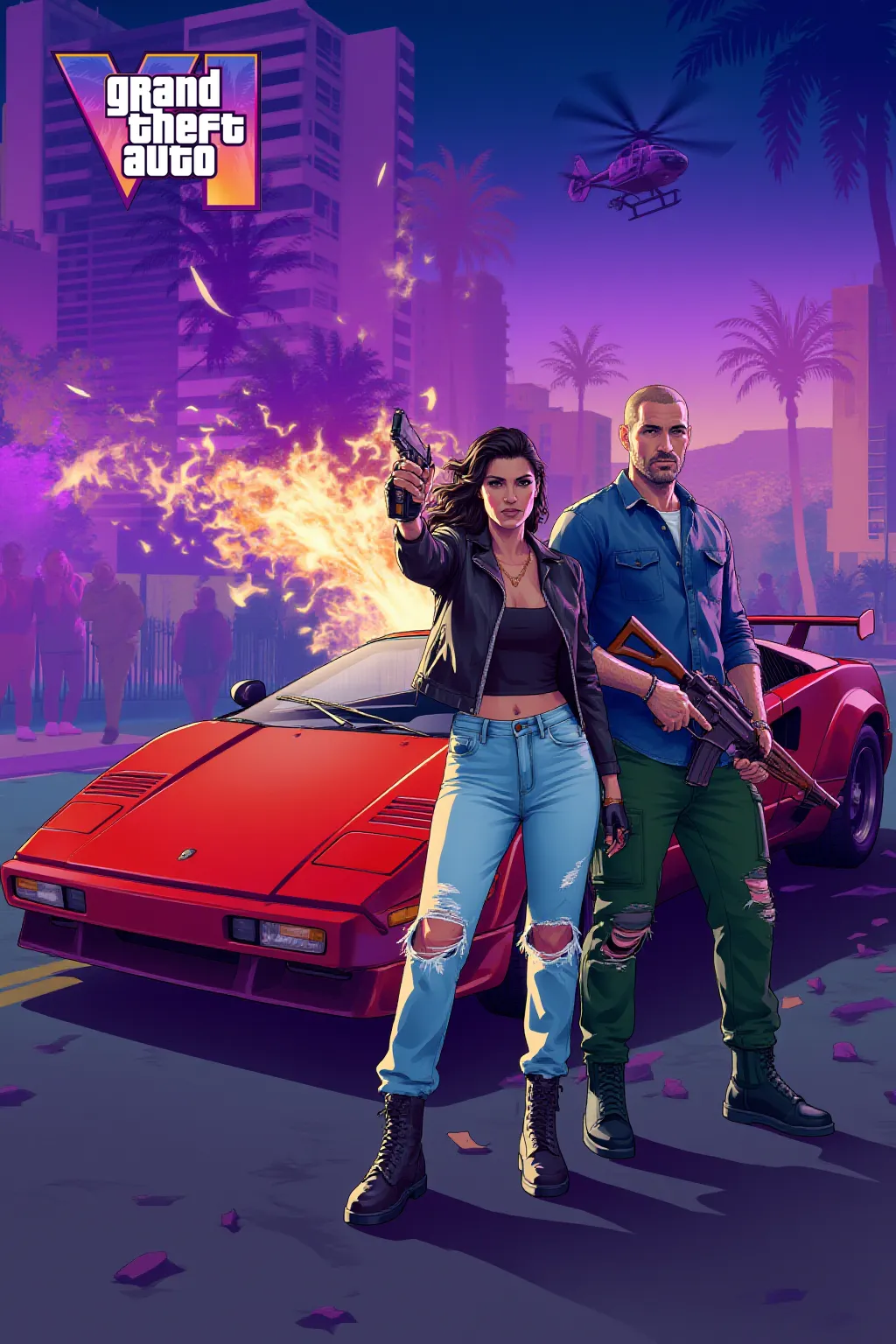 Create a hyper-realistic, cinematic movie poster set in the neon-soaked streets of Vice City, Leonida, inspired by Grand Theft Auto VI. The scene centers on Lucia Caminos, a fierce Latina woman with a confident smirk, wearing a sleek cropped leather jacket, ripped jeans, and boots, gripping a polished pistol. She stands shoulder-to-shoulder with Jason Duval, a rugged man with a buzzcut, in a fitted denim shirt and tactical pants, holding a shotgun with a determined glare. They pose confidently in front of a classic Cheetah sports car (inspired by a Ferrari Testarossa), painted in a glossy red with chrome accents, parked on a chaotic Vice City street. The background depicts a high-octane chase scene: a police car engulfed in flames is flipping through the air, sparks and smoke rising from a massive explosion, with neon signs (pink, blue, purple) illuminating palm trees and a crowd of onlookers in vibrant Vice City fashion. The lighting is dramatic, blending golden sunset hues with neon glows, creating a glamorous yet gritty atmosphere. Include subtle details like bullet casings on the ground, shattered glass, and a distant police helicopter. Ultra-detailed textures, realistic shadows, cinematic depth of field, 4K resolution, aspect ratio 2:3, designed as an epic movie poster.