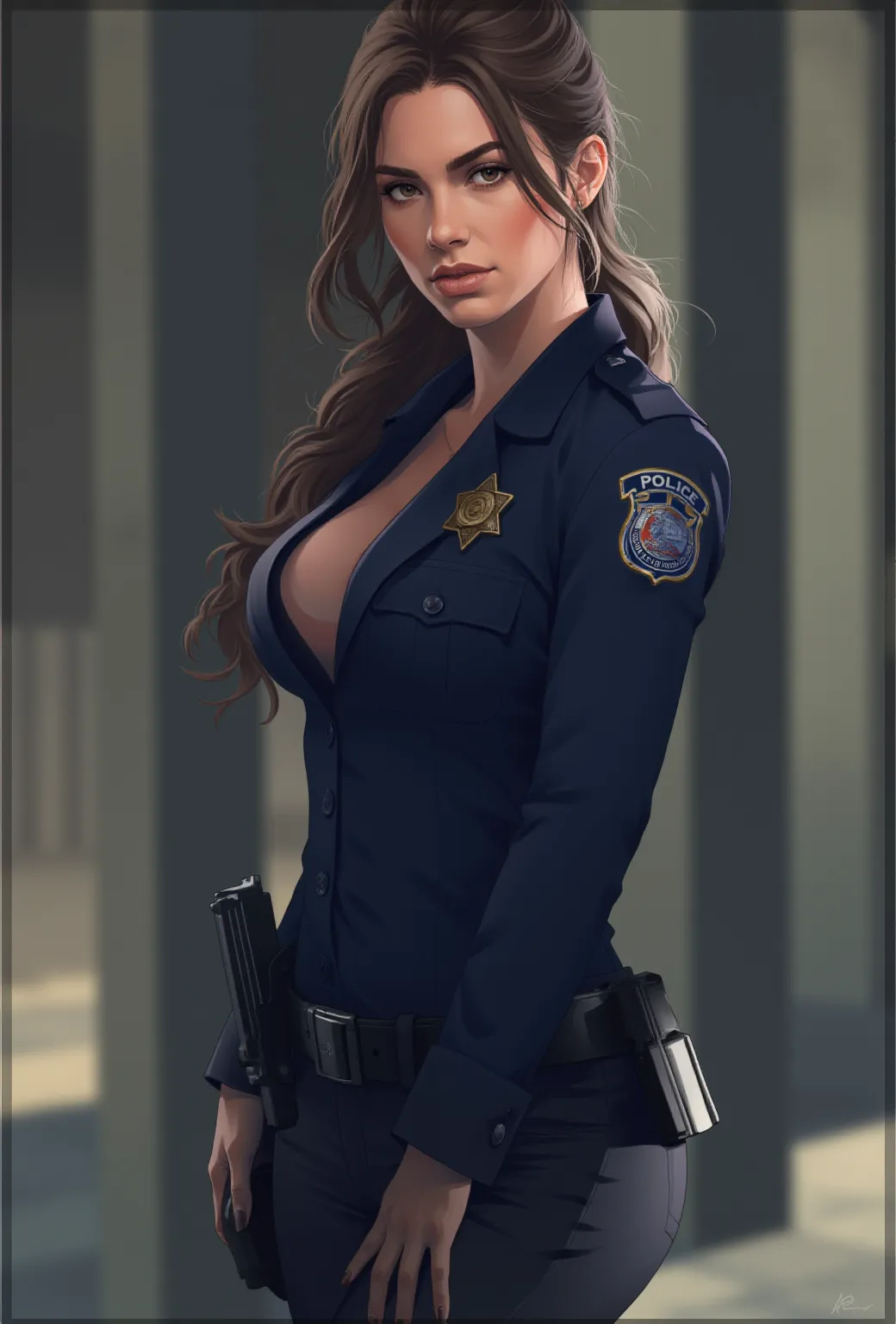 Highest image quality,Outstanding details,Ultra-high resolution,one-girl,Female prison guard,dark series,dark style,dark,mechs,She wears a sexy police uniform,Suspenders,Lace,In prison,She was in a cage,Robust body,Sexy and robust,Detailed abs,Detailed muscle lines,dynamicposes,Prison cage background,dim murky lights,grimy,soggy, Dirt stains cov,hand gun,Chains,rusted,handcuff,Highly detailed police uniforms,Highly detailed police cap,Police badge,wear police cap,Highly detailed police equipment,Normal body proportions,Normal face,Normal hands,frontage,fully body photo,big breasts, hoops earrings