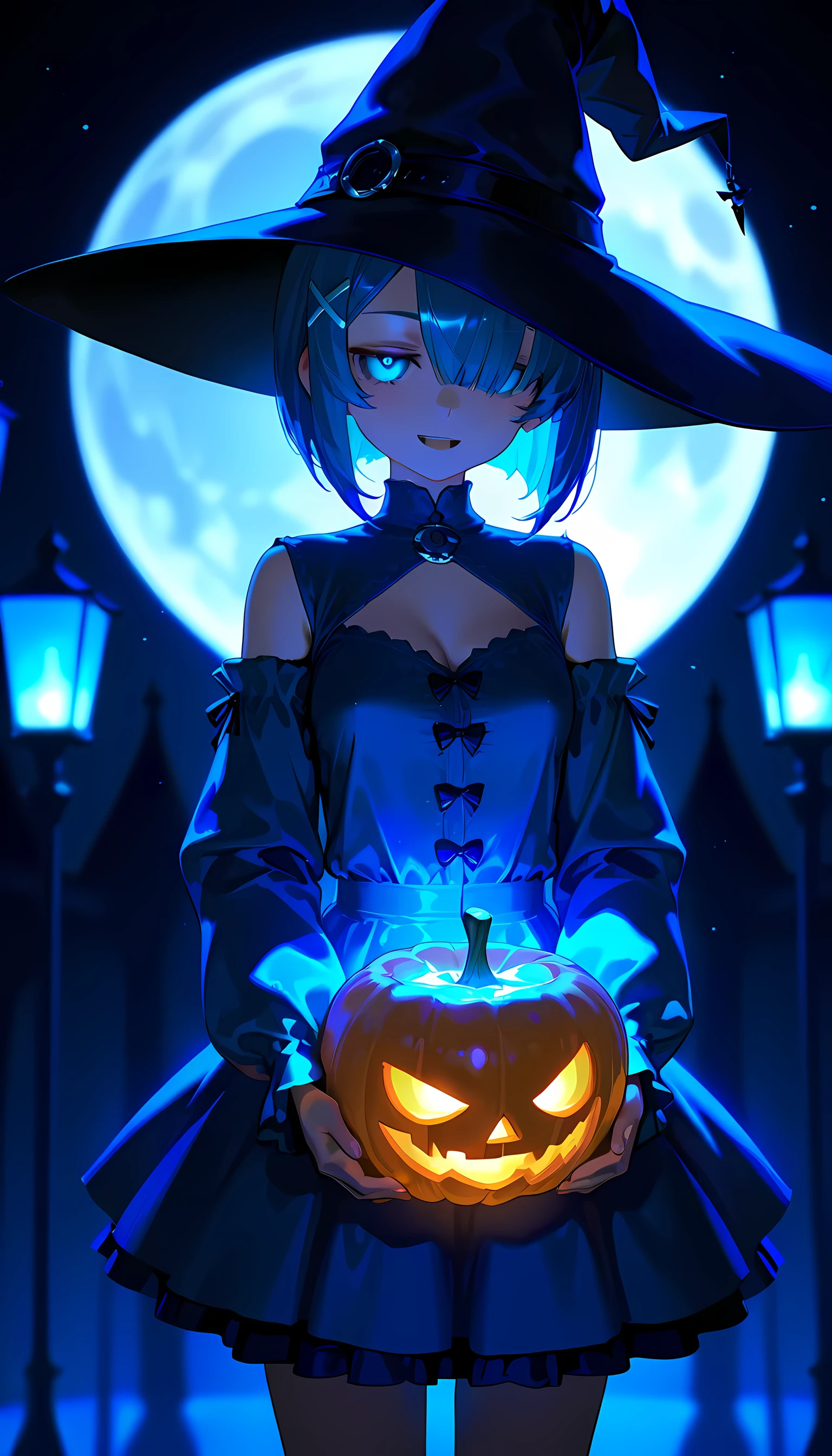(Sky blue hair), (Pink Eyes),Fair skin) ,(whole body),(One Girl),(Crescent Moon),(There are lots of pumpkin ghosts in the background),(If you don't give me sweets, I'll play a prank on you.),Halloween Night Party),(masterpiece, Highest quality, Very detailed, Best Shadow), (Detailed Background), (Beautifully detailed face), High Contrast, (Best lighting, Very delicate and beautiful), ((Cinematic Light)), Hyper Detail,8k, Dramatic Light, Intricate details,Cute witch outfit,night,(Bats flying in the background),