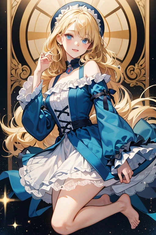 Asuka Langley, a beautiful 20 year old blonde woman with big messy hair in a blue dress, white stockings, black headband, cleavage, fantasy art style, rossdraws cartoon vibrant, alice x. zhang, alice in wonderland cyberpunk, cute detailed digital art, colorfull digital fantasy art, digital fantasy art ), glossy digital painting, rossdraws pastel vibrant, rossdraws 2. 5, rossdraws 1. 0