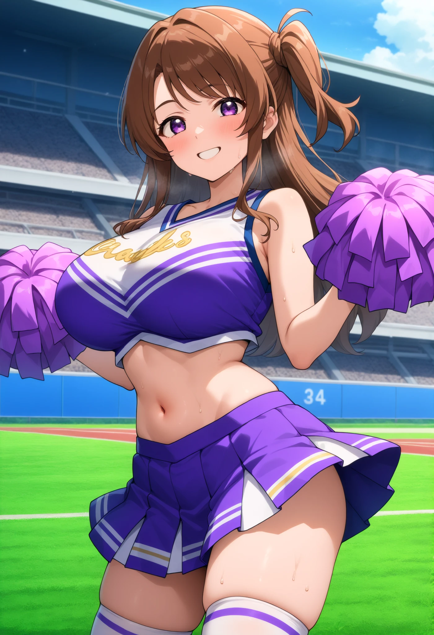 mejiro palmer\(umamusume\), (((ultra-detailed face))), beautiful face, symmetrical face, (masterpiece), best quality, front, horse tail, stadium, smile, (muscular), (abs:0.85), cheerleader uniform, bikini, slender