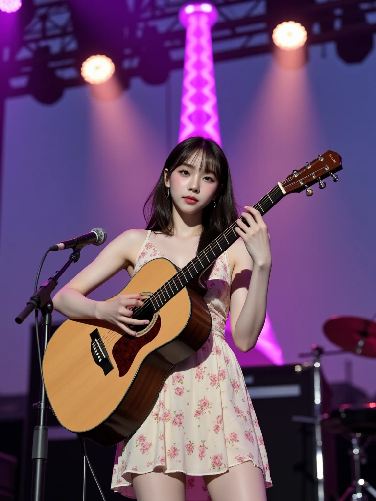 ((8K)), highest quality, 超High resolution, (Surreal)、(High resolution), 1 girl, idol, ((idol costume)), Overweight, extremely fat, ((Chubby)), stage, ((Acoustic Guitar))