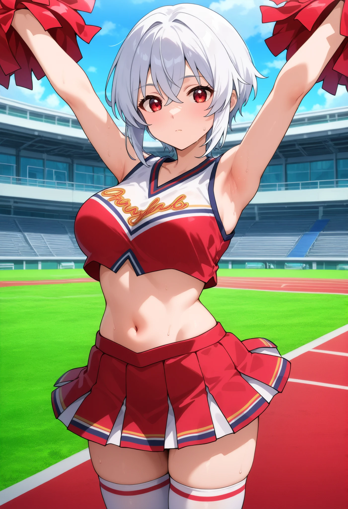 higurashikira, anime screencap, anime coloring, cowboy shot,
1girl, solo, tall female, toned female, white hair, very short hair, crossed bangs, short sidelocks, red eyes, large breasts,
cheerleader uniform, red crop top, red pleated miniskirt, white thighhighs socks,
looking at viewer, expressionless, arms up, holding red pom poms, sweat, standing,
outdoors, school field, morning,
(masterpiece, best quality, absurdres, highres, newest, very awa, year 2024:1.2)