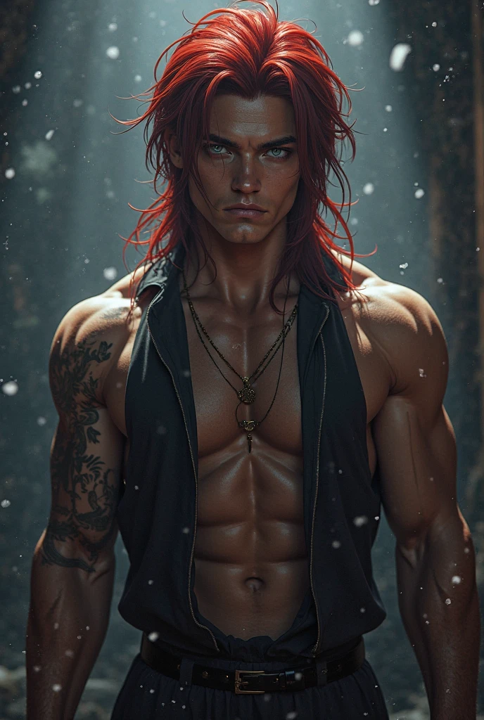 A muscular male angel, blood-red wings, majestic pose, bare perfect body, smooth skin, blood-red hair, black eyes, perfect face, sexy expression, full-body tattoos, (best quality,4k,8k,highres,masterpiece:1.2),ultra-detailed,(realistic,photorealistic,photo-realistic:1.37),highly detailed, cinematic lighting, dramatic contrast, vivid colors, dark fantasy, gothic, chiaroscuro