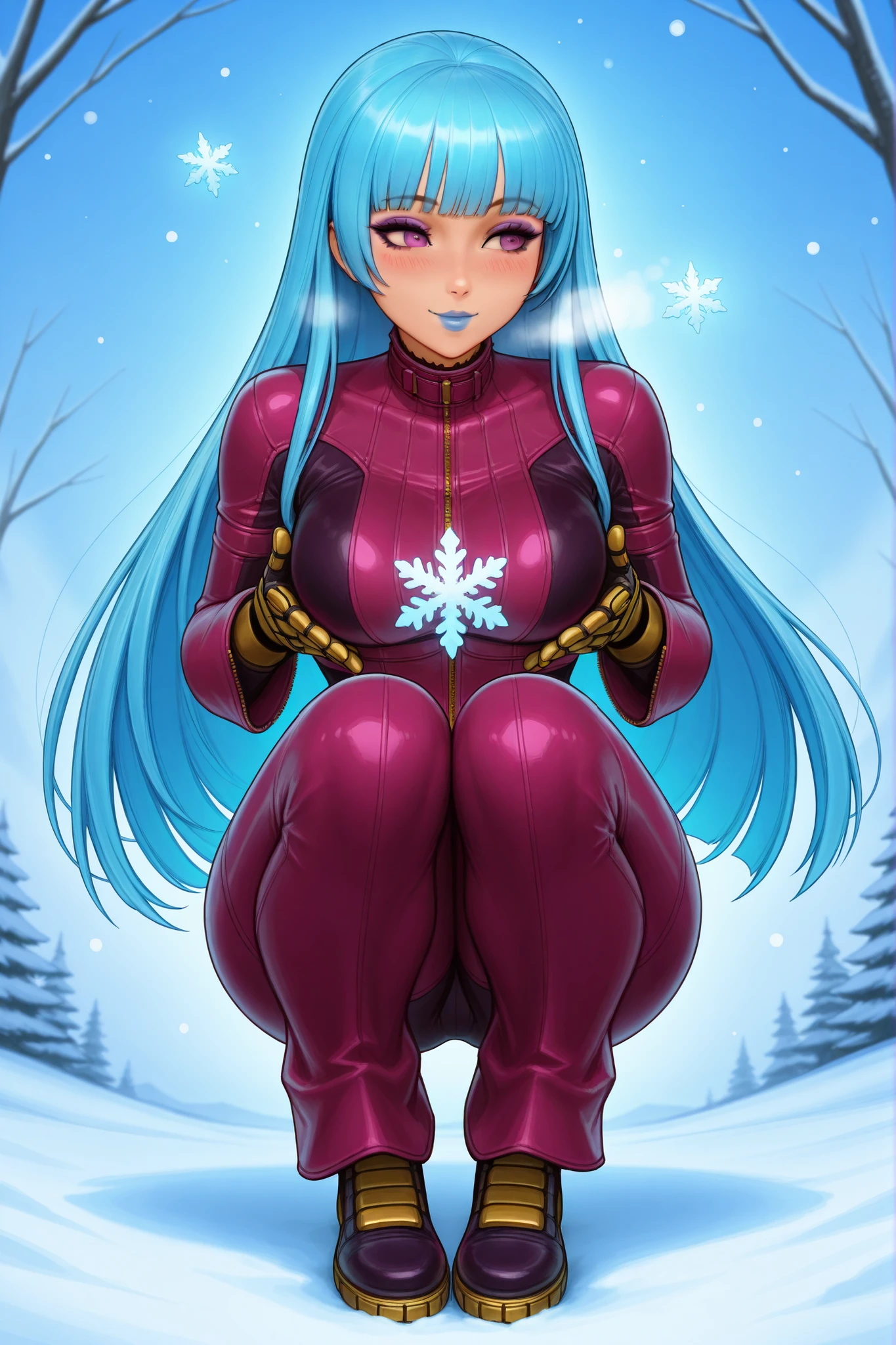 masterpiece, best quality, absurdres, newest, very aesthetic, amazing quality,highres, Kula Diamond \(king of fighters\), blue hair, hime cut, purple eyes, gloves, (1girl), (detailed face:1.2), (detailed eyes:1.3), black eyeliner,purple eyeshadow, blue lipstick, blush, flirting, snowflake, high resolution, 8k wallpaper, Distinct, magical atmosphere, beautiful background, high quality, snowy background , full body Kula style Omar dogan, com style kittew