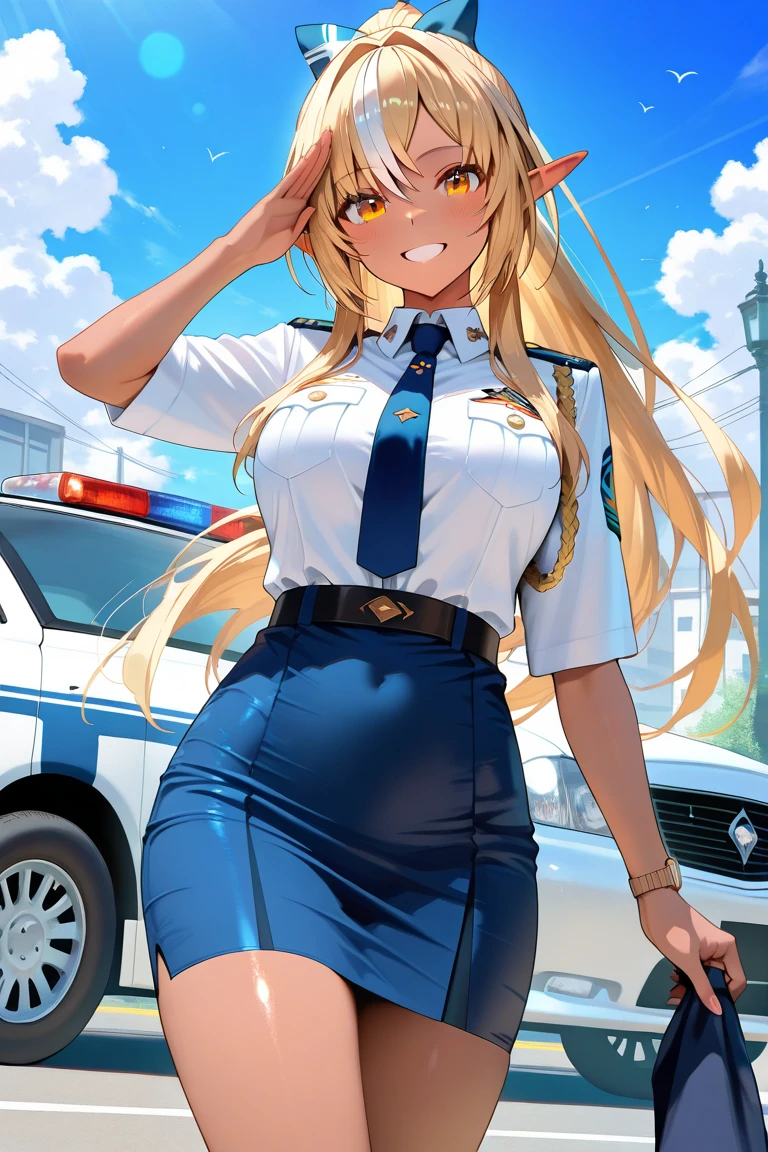 (masterpiece, best quality:1.2), 1girl, solo,dark skin,sweating skin,open pose,police uniform