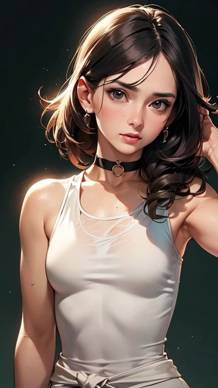 one girl, solo, (open stomach, bare stomach:1.3), slender body, fit body, (upper body, bust:1.2), (black eyes:1.3), black hair, (two cute braids:1.2), masterpiece, highly detailed, look at viewer, front view, (small breasts, tiny breasts, male chest, exposed breasts, deep cleavage:1.5), (transparent white t-shirt, wet t-shirt, choker:1.4), (studio lights, blured background, glowing edges of image, shiny blured background, gradient sprayed background, colorful background:1.3), expressing joy, (nipples:1.1)