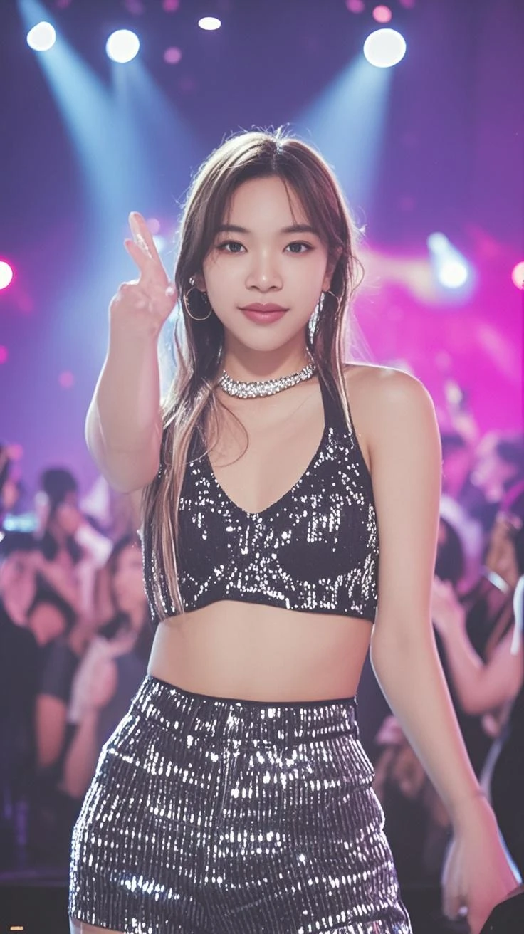 jennie, (looking_to_camera:1.1)
,best quality, realistic, photorealistic,ultra detailed,extremely detailed face, Dancing at a concert, with lots of lights in the background Hands up in a dance pose With some dancers on the side , 8k, 8k