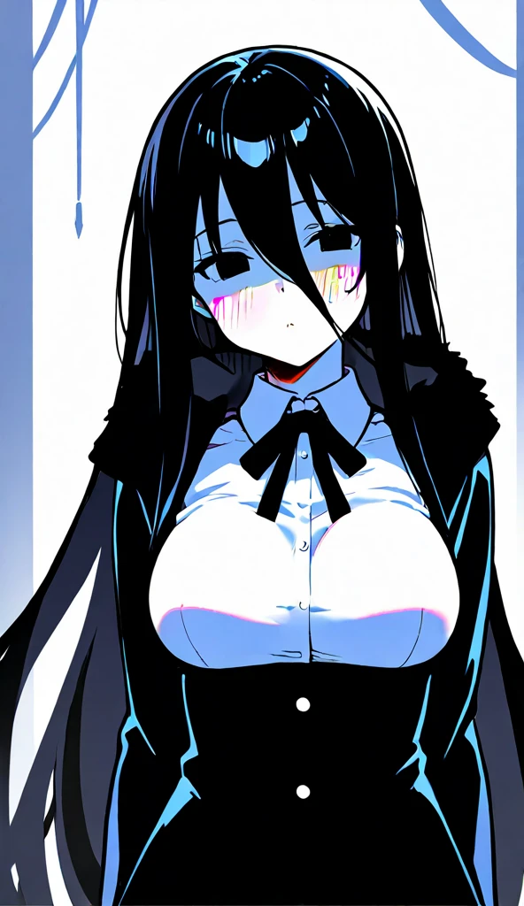 TheSpirit,((blue skin)),green eyes, solo,upper body, blush, embarrassed, SpiScho, black Long hair,very long hair,(insanely detailed, beautiful detailed face, masterpiece, best quality),gigantic breast, wide hip, thighhighs,black lingerie, cat ears, spread legs, microskirt