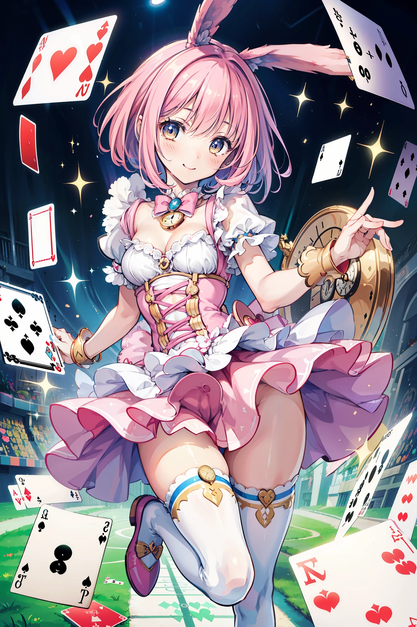 masterpiece, best quality,1girl, solo, hair ornament, breasts, hair flower, open mouth, cleavage, smile, heart, flower, boots, pink hair, card, blue eyes, looking at viewer, long hair, cape, skirt, full body, red hair, standing on one leg, medium breasts, bare shoulders, :d, bow, standing, pink cape, blush, gloves, dress, frills, hair between eyes, large breasts, playing card, bangs, frilled skirt, teeth, aqua eyes, knee boots, index finger raised