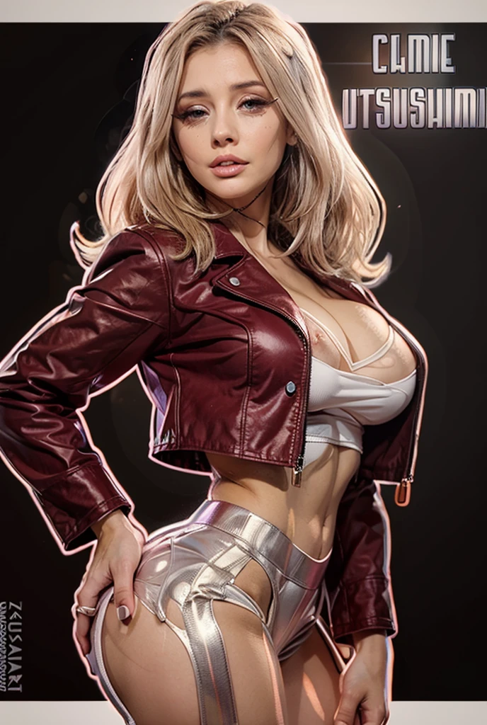 ginger lynn, on the comic panel, bold lineart illustration comics, Eyes seductive, parted lips, perfectbody, curved, NSFW, in the style of Adam Hughes, (extremely detaild, work of art, best qualityer, 8 mil ), (((best qualityer))), (((work of art))), (((grown-up))), from the knee up, warrior, with perfectbody, sexy white bra with red lace, stylized white leather jacket with lots of metallic details, hand with steel gloves and metal tips, almost naked ripped cargo pants, armors (clothing made with the flag of the Rebel Alliance), full of paint-stained spikes and rivets, 5-pointed star tattoo, Blade runner, Interstellar space background