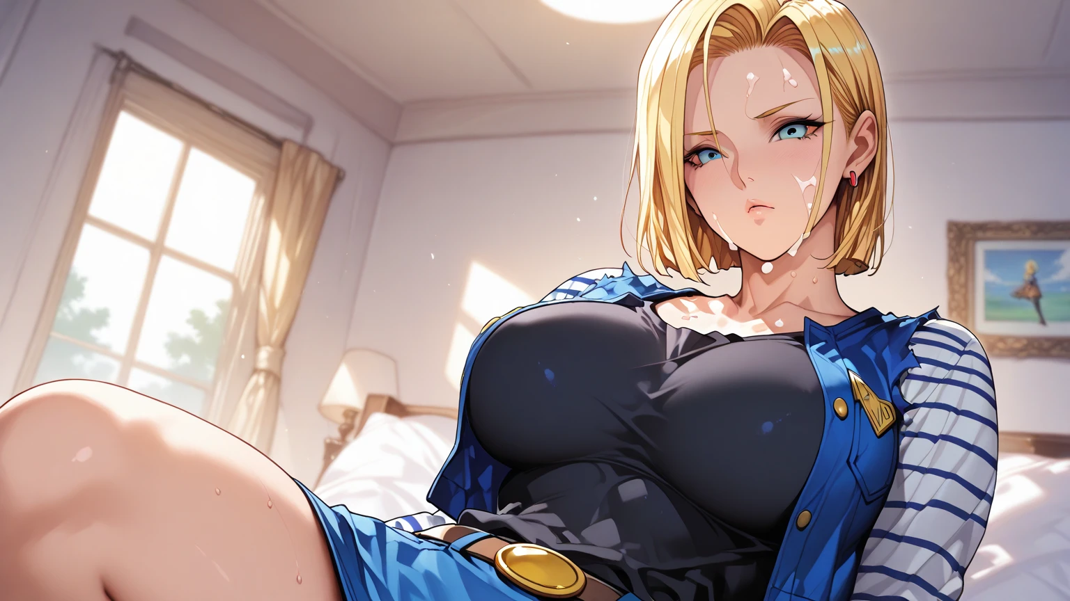 (((Android 18))), masterpiece, best quality, cowboy shot, 1girl, solo, saiyan armor, armor, black skirt, dress, wristband, black pantyhose, leggings, boots, bedroom background, indoors, nighttime, smile, happy, (Huge Breasts), wide hips, curvy, thin waist, looking at viewer, bare shoulders, blonde hair, medium hair, full Body