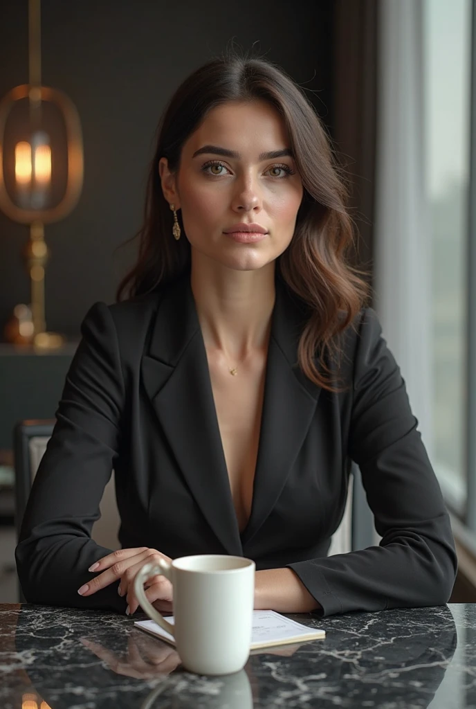 A Brazilian mulatto woman with long curly hair, the lips are thin and the nose is not thin in a business room, having a coffee and talking about business. she is wearing a black suit and high heels . The room has a notebook with a calculator