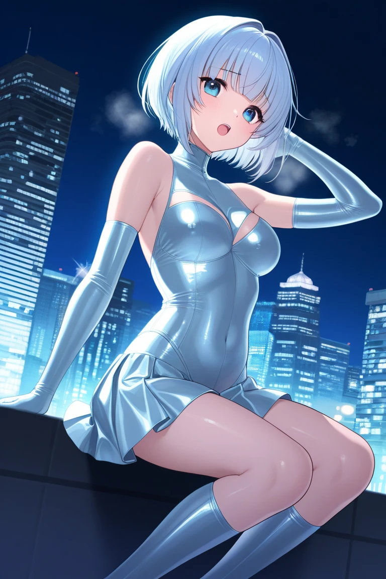 ((masterpiece, highest quality:1.2)),cowboy shot,1woman,20 year old beauty,solo,((very small head:1.2)),short hair,messy hair,light blue hair,blue eyes,blunt,((very long and slender body)),toned body,skinny,medium breasts,shiny skin,oily skin,sweat,shy,Navy blue sleeveless mini dress skirt,turtleneck、Light blue panties、white_thighhighs,Big cities、Cyberpunk World、