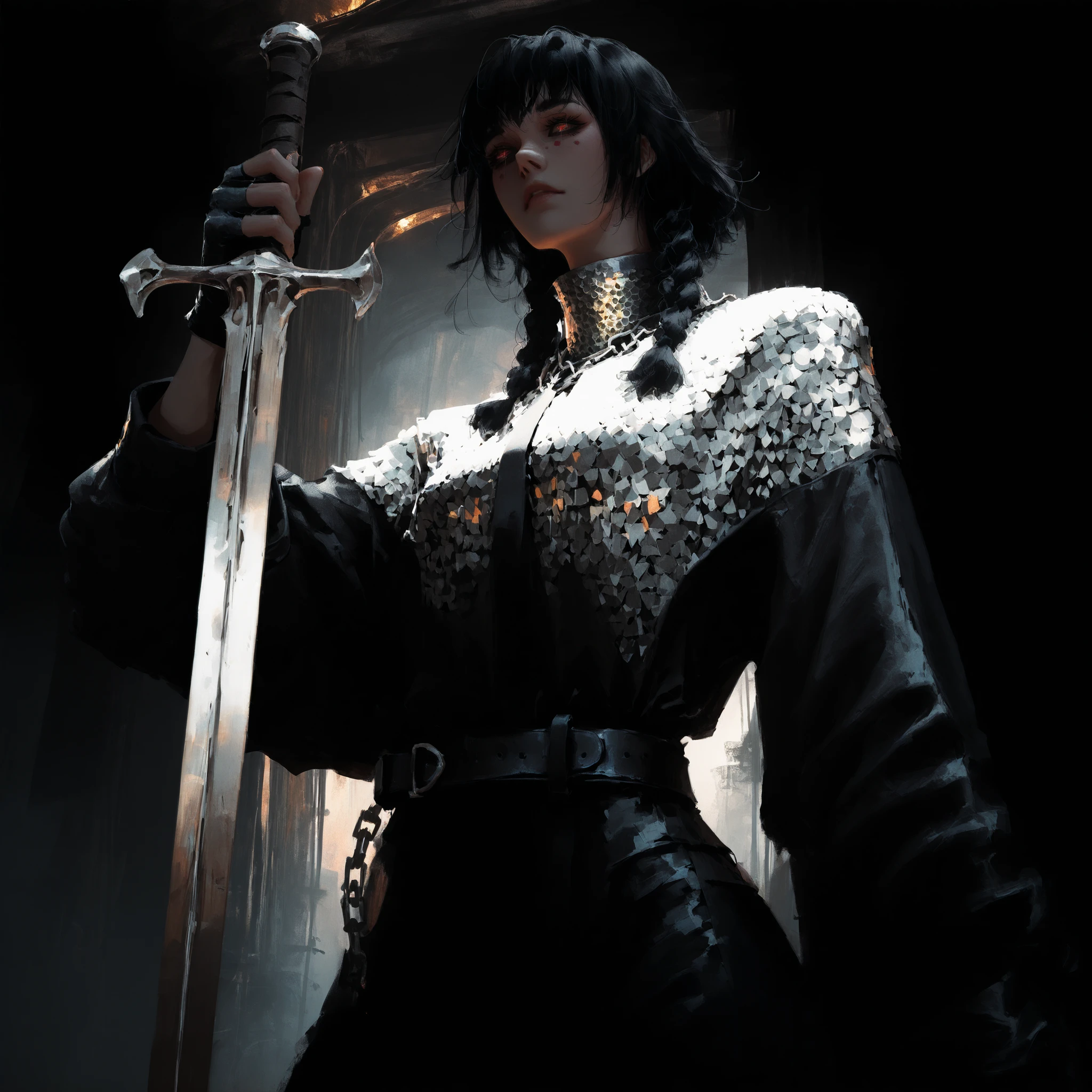 artist: wlop, masterpiece, best quality, illustration, a vampire woman, beautiful woman, European facial features, Caucasian, small breasts, shoulder length black hair, small braids, red irises, detailed face, loose fitting leather pants, female wearing very loose fitting high waist black leather pants with a black belt, and a (thick gray long-sleeved chainmail shirt with a high neck), black leather combat boots and fingerless gloves, tall-looking, fantasy, holding iron sword, perfect anatomy, detailed, lighting, colorful, slim body, fit body, ideal ratio body proportions, tall, Realistic Shadows, regular steel sword, steel sword, normal steel sword, detailed face, detailed eyes, epic, chain mail long sleeve shirt, high neck chainmail shirt, chainmail long sleeve shirt, top fully covering upper body, fully covered upper body, highly detailed, dark colours, cool pose, upper body portrait, cinematic portrait, game style artwork background, illustration style background, cinematic background, cinematic lighting, themed background, epic background, detailed desert landscape with moonlit scenery, immersive background, detailed eyes, Official Art, distant worm's eye view,