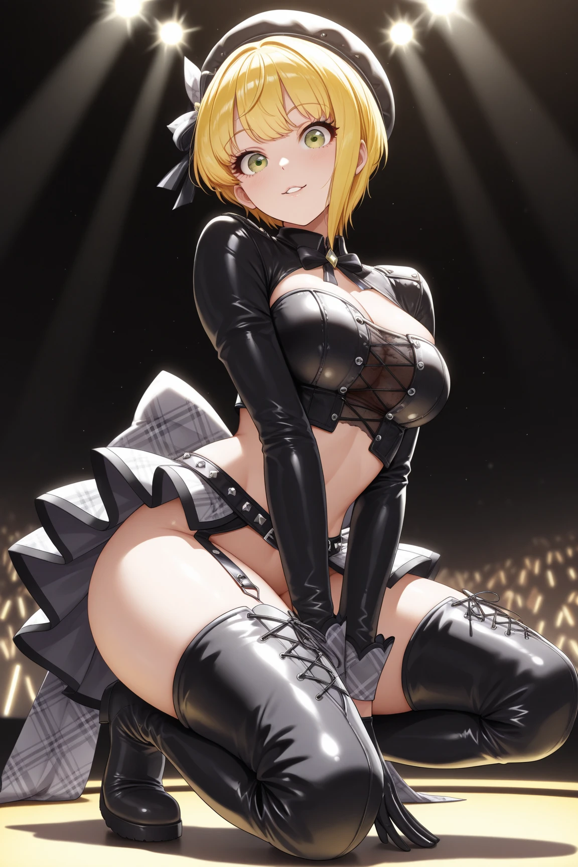 igawa, (naked),(Corset:1.2),navel,long glove,stocking,fishnets,erected nipples,maid headdress,blonde hair,bobcut, purple eyes,(casino),(highres, high quality:1.1), intricate details, cinematic lighting, 1girl,(red blush,embarrassed),(metal collar),show off ass,Carrying cocktail tray,from side