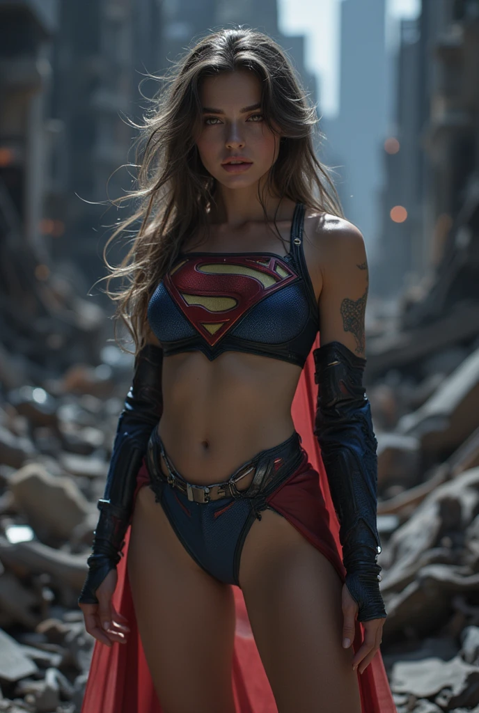 A woman dressed as Superman posing on top of a building., superchica, emma watson as superchica, gal gadot as superchica, superhero body, the super hot and sexy, Alexa Grace, her navel is exposed, second monroe bath-chica, superman pose, amouranth como supervillano, Elizabeth Olsen as Harley Quinn, anime visual of superchica, sexy movie photo