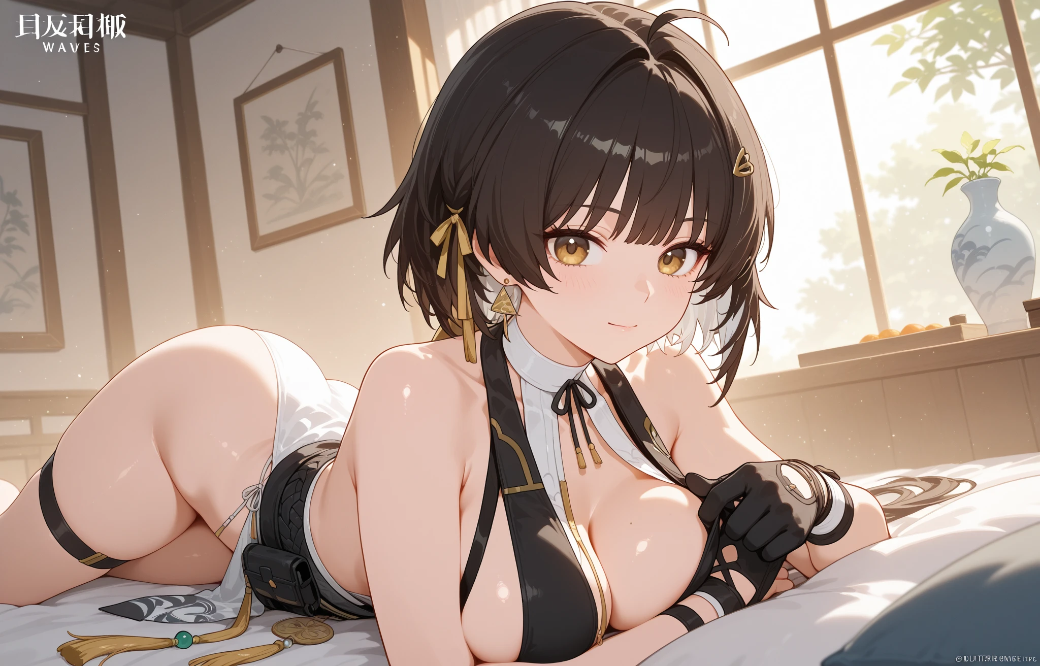 masterpiece, best quality, high quality, perfect anatomy, ultra detailed, perfect design,
BREAK,
high school girl, beautiful detailed face, realistic skin, (shiny glossy skin),
BREAK,
brown eyes, ((realistic eyes)), ultra detailed eyes, beautiful high light eyes, (narrow eyes), ((droopy eyes)), (big eyes), (wide-set eyes), double eyelids, ((half closed eyes)),
BREAK,
brown hair, ((bob cut)), ((straight hair)), (medium side hair), thin hair, (swept bangs), shiny glossy hair,
BREAK,
love, (voluptuous ecstasy face), ahegao, detailed lips, (open mouth), tongue out, (feeling weak), ((embarrassed)), (nose blush),
BREAK,
((low leg white leotard, golden and black frilled hemline, double button)), (((cleavage cutout of heart))), ((front cutout white skirt)), (white elbow glove), lace headdress, (white over knee long boot), (black crisscross halter), (high waist black belt, golden buckle), cameltoe, wedgie,
BREAK,
(sitting on the bed), (((spread legs))), (((leg up))), (((legs up))), (from above), ((looking viewer)), (((focus face))),
BREAK,
(luxury hotel room), top light, warm light